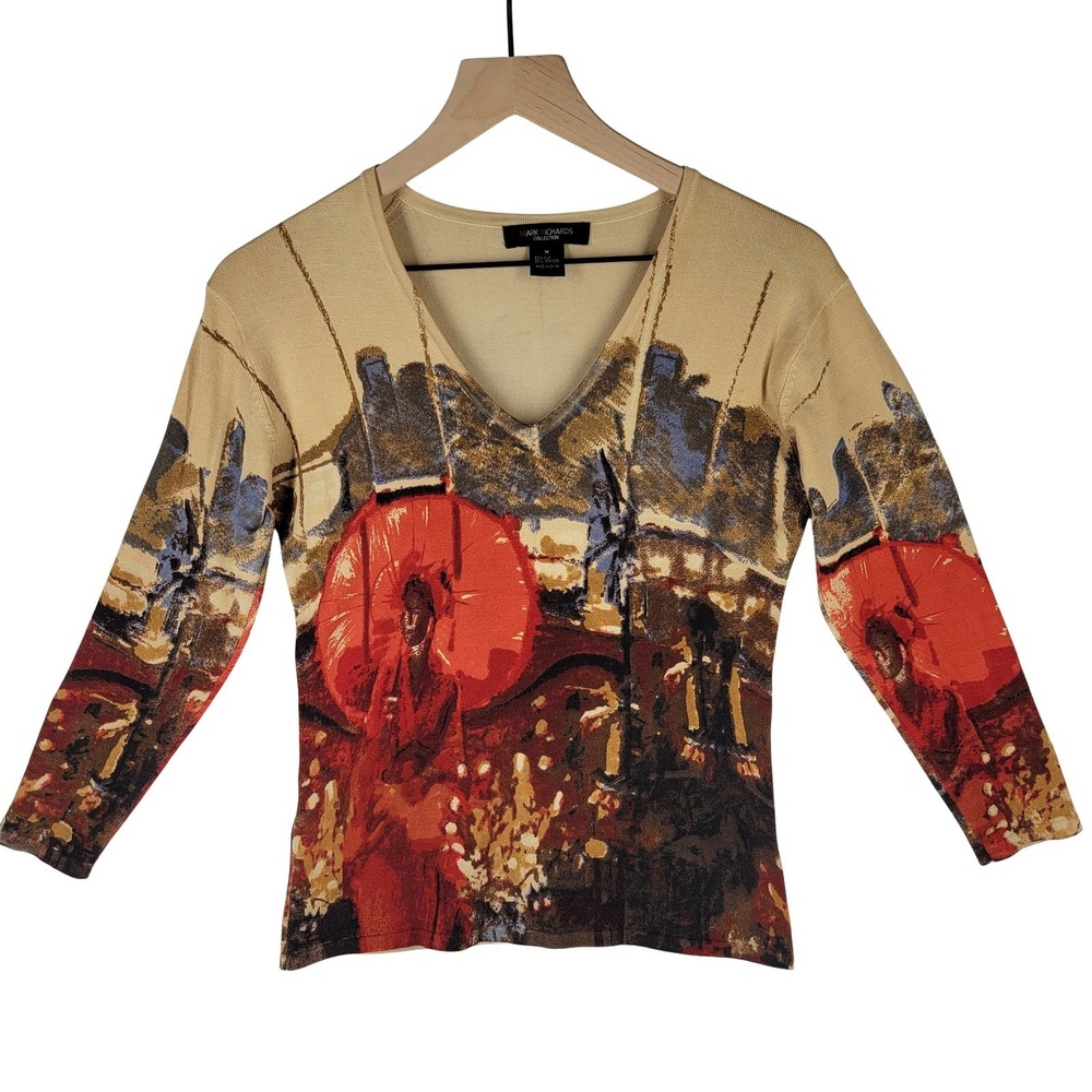 Vintage Mark Richards Collection Silk Blend Asian Landscape Art-to-Wear Top M